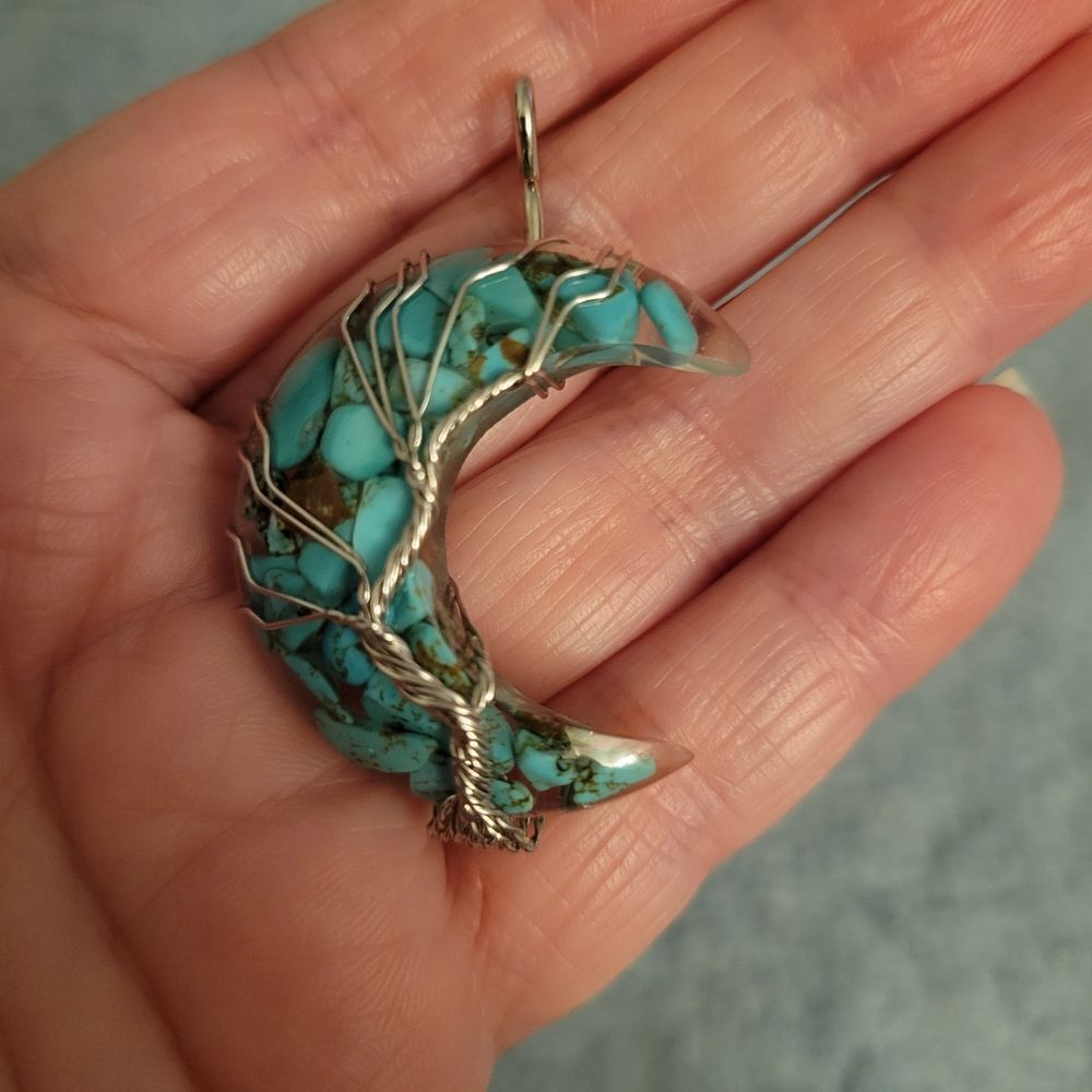 Crescent Moon Silver Tone And Turquoise / Glass